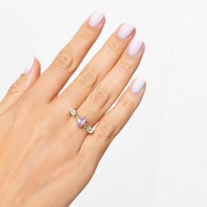 Anel com Rose de France, Topázio Azul e Topázio London em Prata 925 com banho de Ouro Amarelo 18k