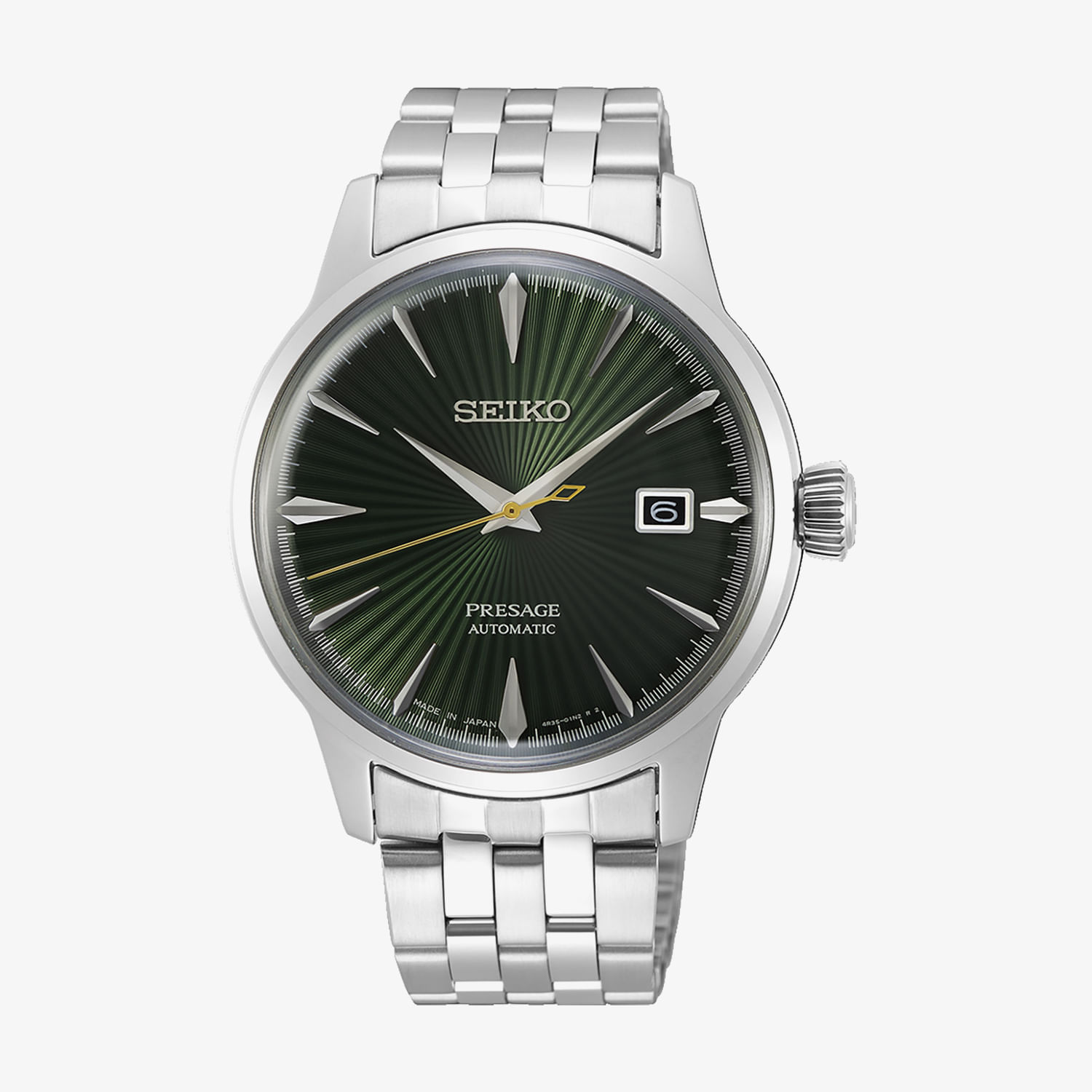 Relógio Seiko Presage com pulseira de aço, mostrador verde com detalhes dourados e caixa prateada, display de data às 3 horas.