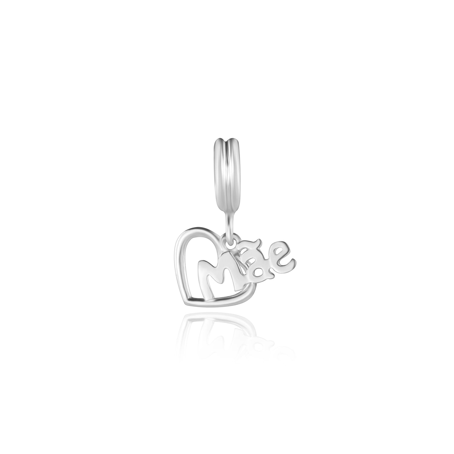 Pingente de metal com a palavra "mãe" dentro de um coração aberto.