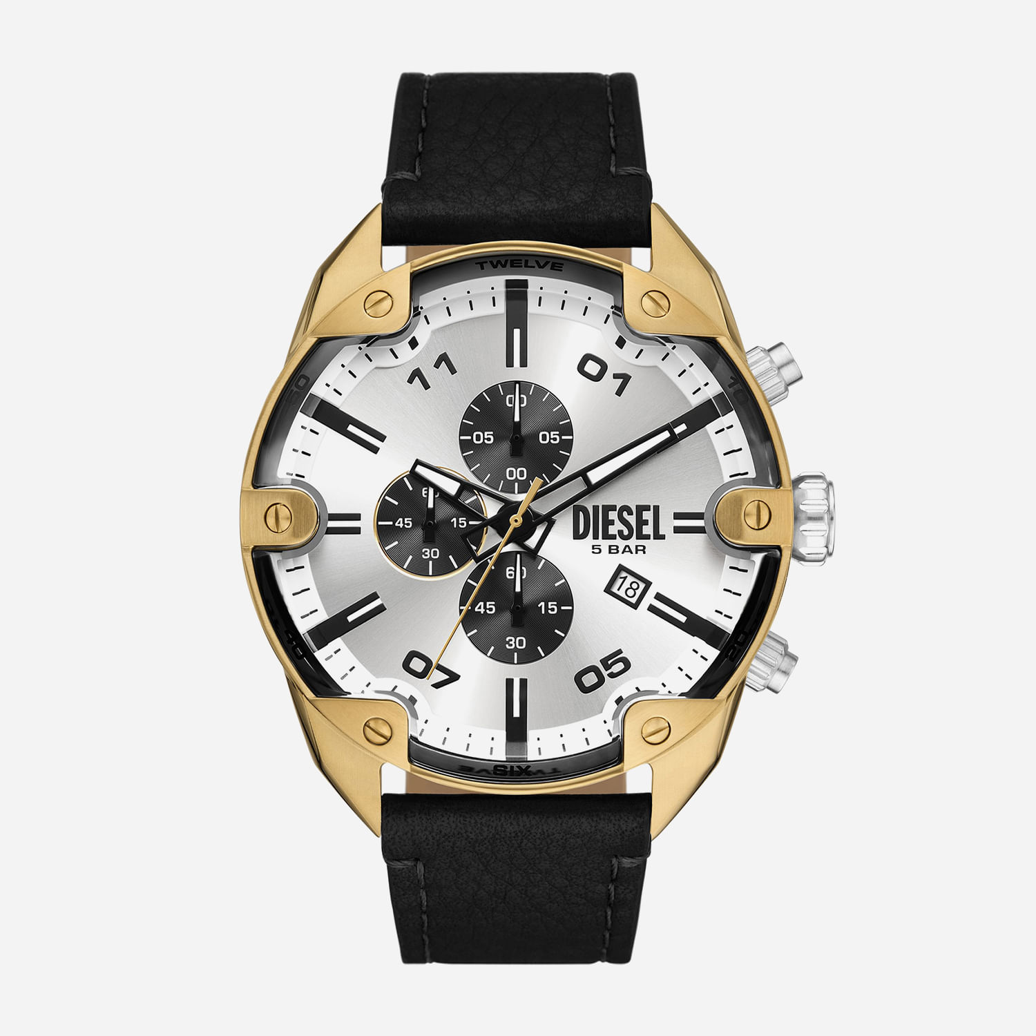 Relógio Diesel Spiked Cronógrafo Masculino em Couro Preto DZ4671B1